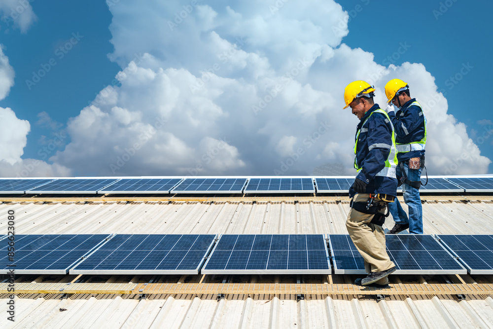 Worker Technicians are working to construct solar panels system on roof with sky and clound on background. Installing solar photovoltaic panel system. Renewable clean energy technology concept.