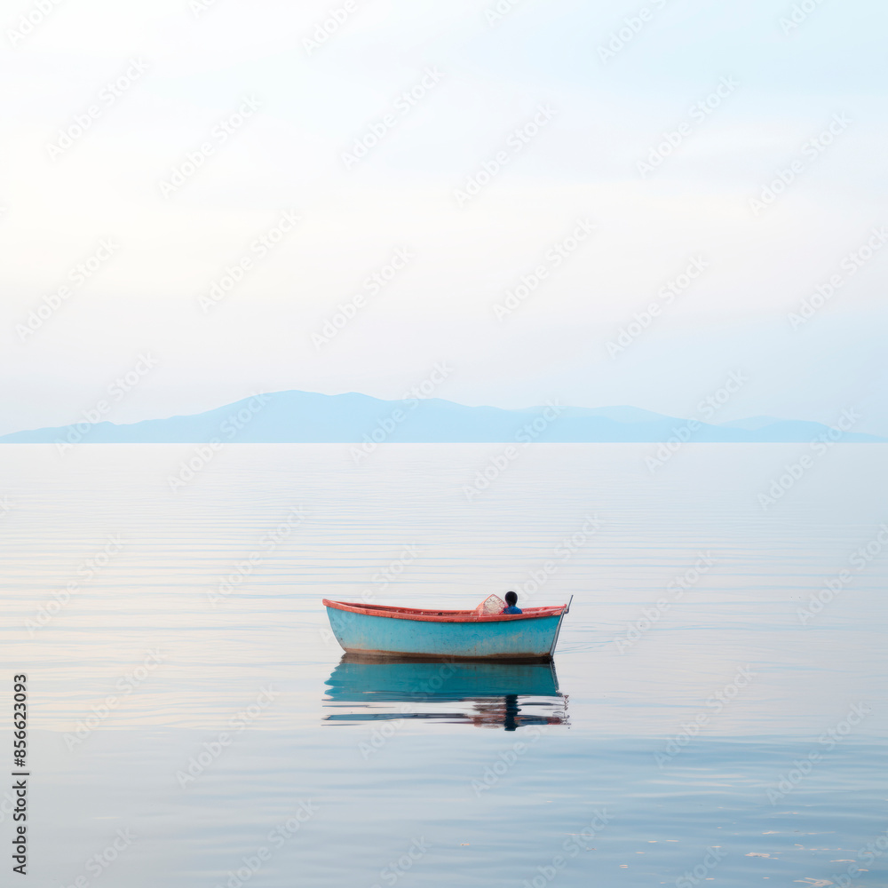 Sleeping child in a boat, with gentle waves rocking the boat and a view of the ocean and a distant island, empty space on the left Sleeping child in a boat, with gentle waves rocking the boat and a view of the ocean and a distant island, empty space on the left