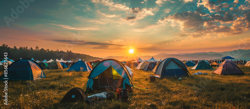outdoor music festival with tents and camping gear concept banner background