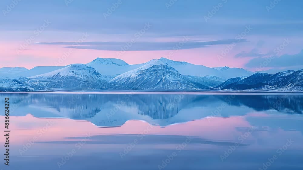Serene mountain range mirrored in calm sea at dawn with transitioning sky from dark blue to soft pink
