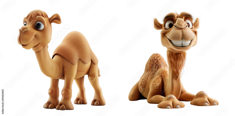Set of Two cartoon camels, one standing, one lying down, with friendly expressions, isolated on PNG transparent background Set of Two cartoon camels, one standing, one lying down, with friendly expressions, isolated on PNG transparent background
