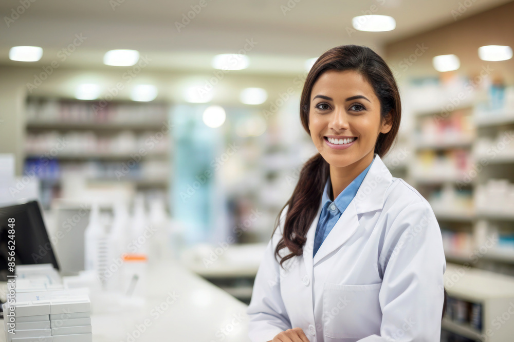 Young female pharmacist standing confidently behind the counter in a modern pharmacy, wearing a white lab coat. Young female pharmacist standing confidently behind the counter in a modern pharmacy, wearing a white lab coat.