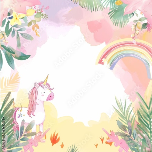 Cute pink unicorn, rainbow watercolor children's.