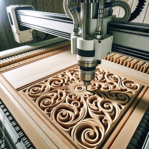 CNC milling machine working on wood in workshop, closeup photo