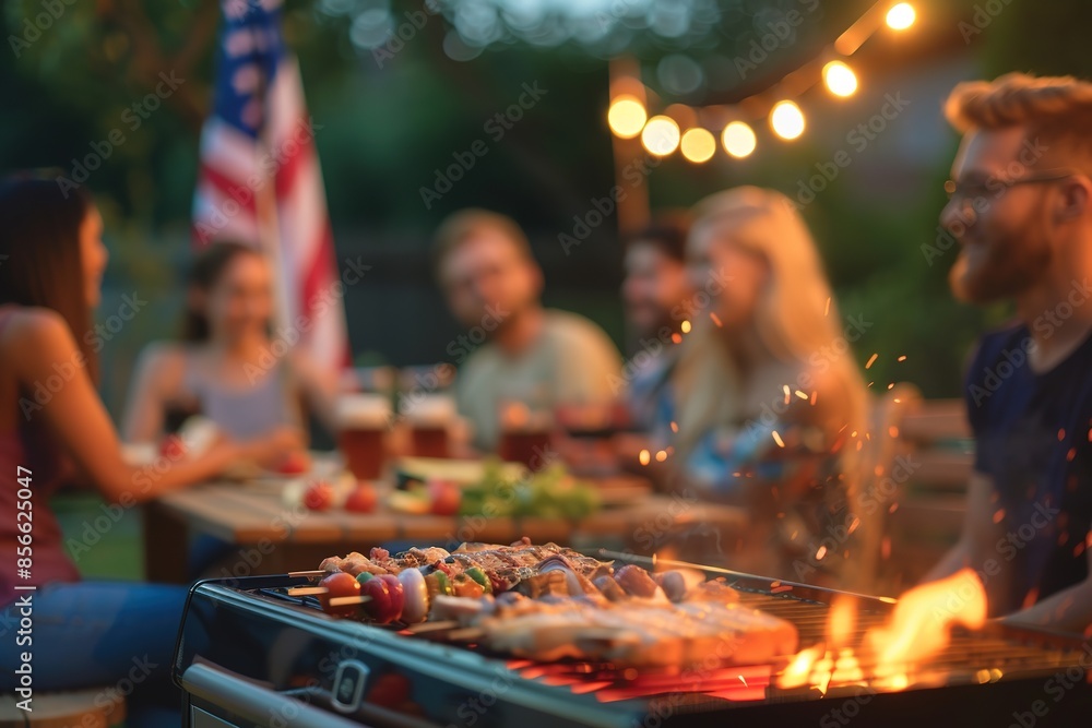 Friends enjoy barbecue party with American flag on Labor Day Friends enjoy barbecue party with American flag on Labor Day
