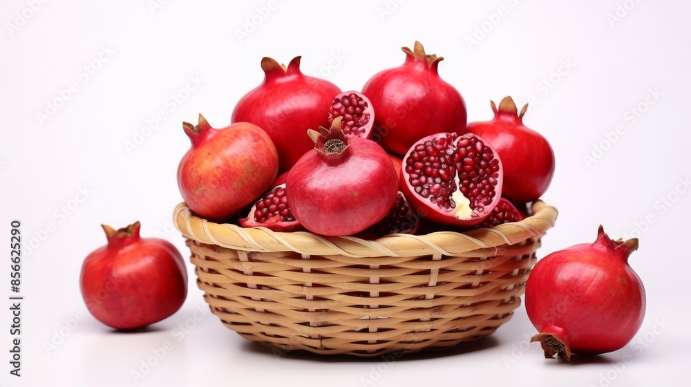 Vibrant pomegranates arranged in basket against white backdrop. Vibrant pomegranates arranged in basket against white backdrop.