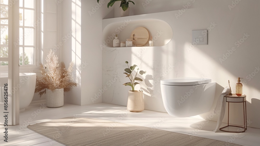 In a bright and airy white bathroom, a modern toilet bowl is the focal point amidst clean lines and minimalist decor. A stylish shelf with a few carefully chosen accessories enhances the serene