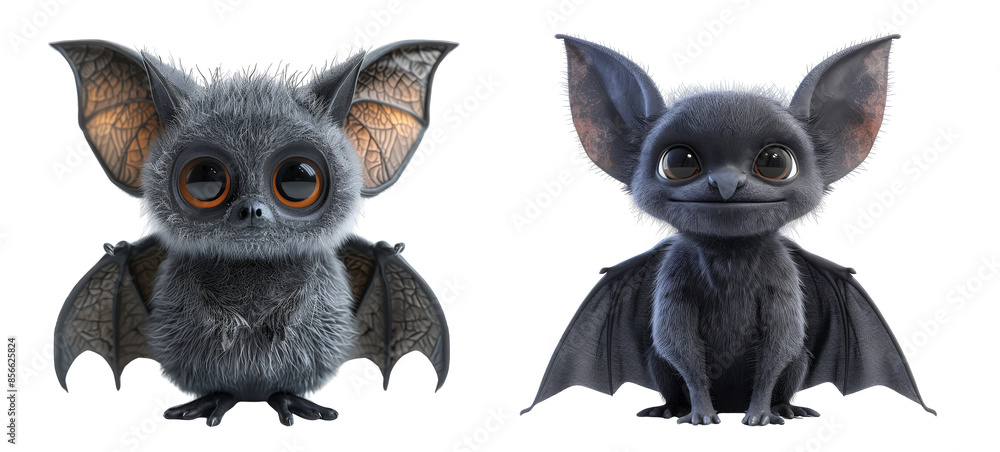 Fototapeta premium Set of Two cute cartoon bats with big eyes and wings, isolated on PNG transparent background