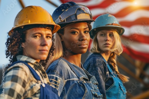 Three diverse female workers in front of US flag, symbolizing un