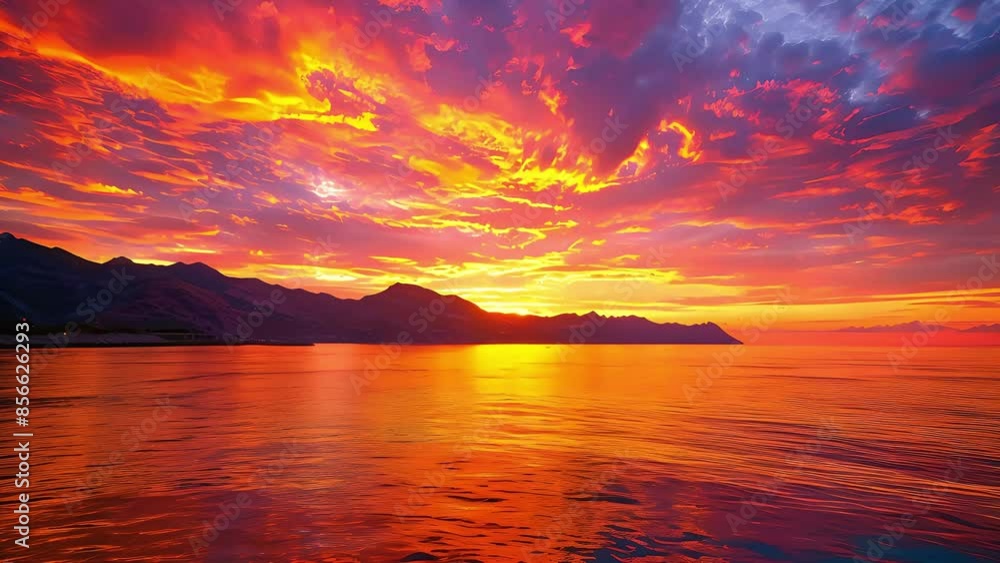 Vibrant sunset over coastal mountain range with sky ablaze in orange, red, and purple reflecting in calm sea
Vibrant sunset over coastal mountain range with sky ablaze in orange, red, and purple reflecting in calm sea