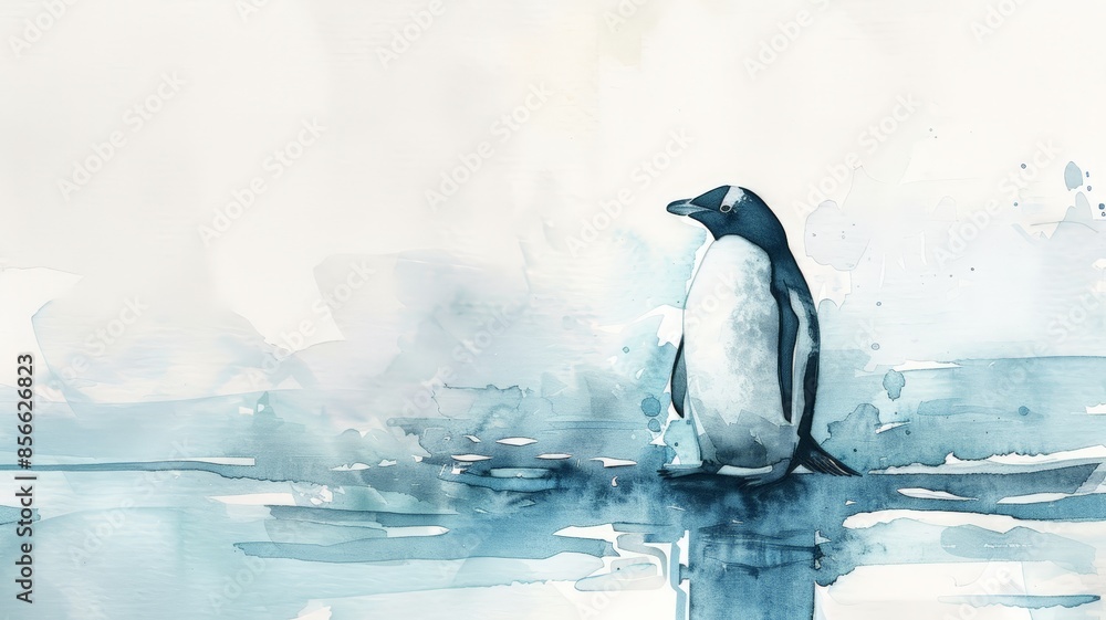 Fototapeta premium Watercolor Illustration of a Penguin in a Misty Environment. Subdued Palette and Serene Atmosphere.