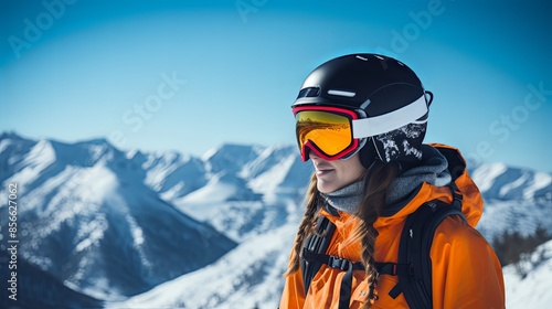 Happy Woman on the Ski Resort. A girl snowboarder with a helmet and orange goggles against a backdrop of snow-covered mountains © May