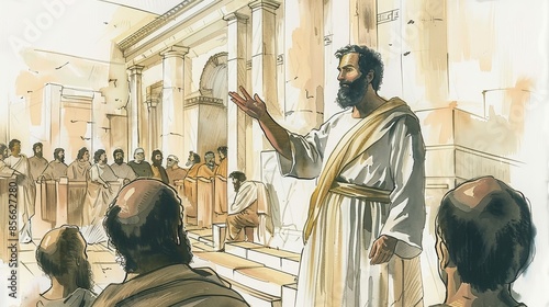 Apostle Paul Preaching in Corinth Synagogue, Blending Cultures with Detailed Architecture, Biblical Illustration, Beige Background, Copyspace