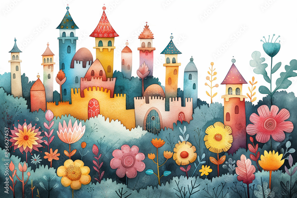 A colorful and whimsical fantasy watercolor illustration featuring a ...