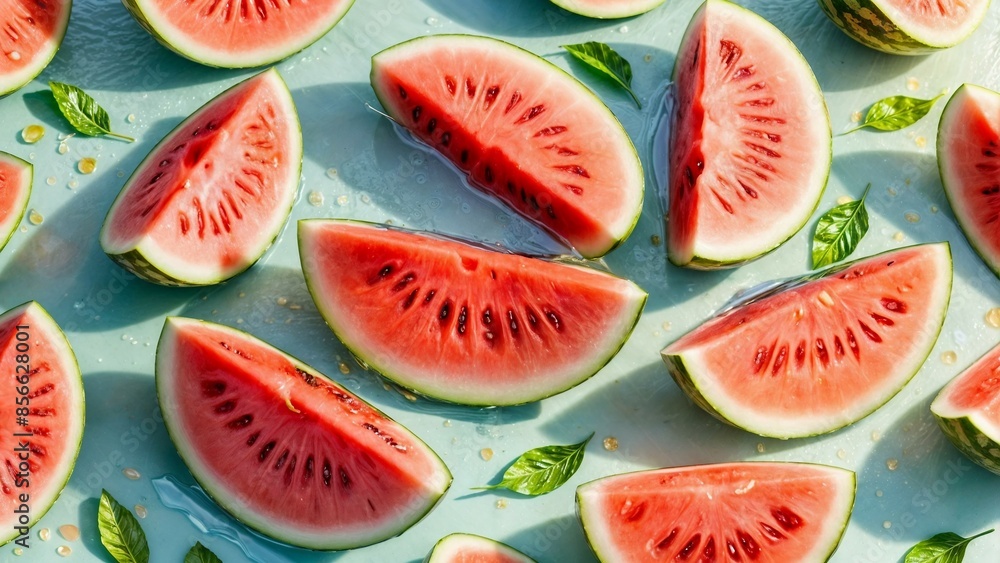 Fresh Watermelon Slices with Basil Leaves on Light Blue Background Fresh Watermelon Slices with Basil Leaves on Light Blue Background