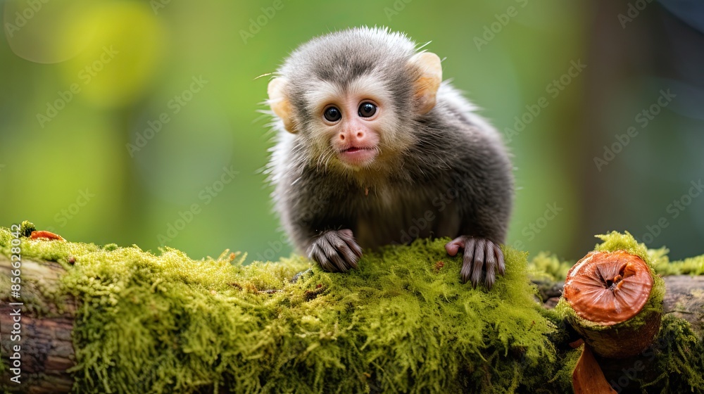 Naklejka premium Adorable Baby Monkey on Mossy Branch in Lush Green Forest