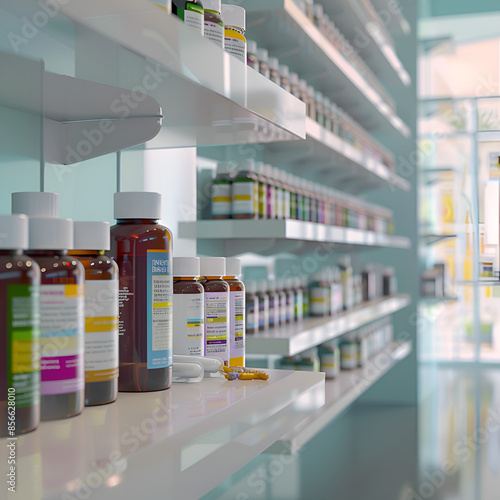 Pharmacy Interior, medicine cabinet and store medicine and pharmacy drugstore for Blurry background,
Pharmacy drugstore shelves interior blur medical background 
