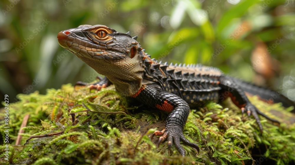 Fototapeta premium Close-up of a Colorful Lizard on Mossy Ground in a Lush Tropical Forest