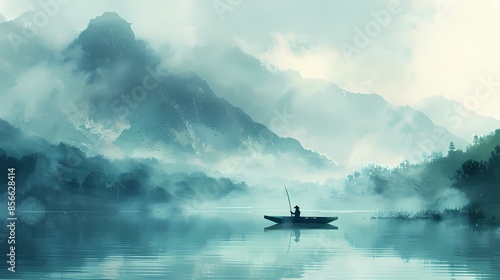 Green grass mountains lake fishing boat illustration poster background