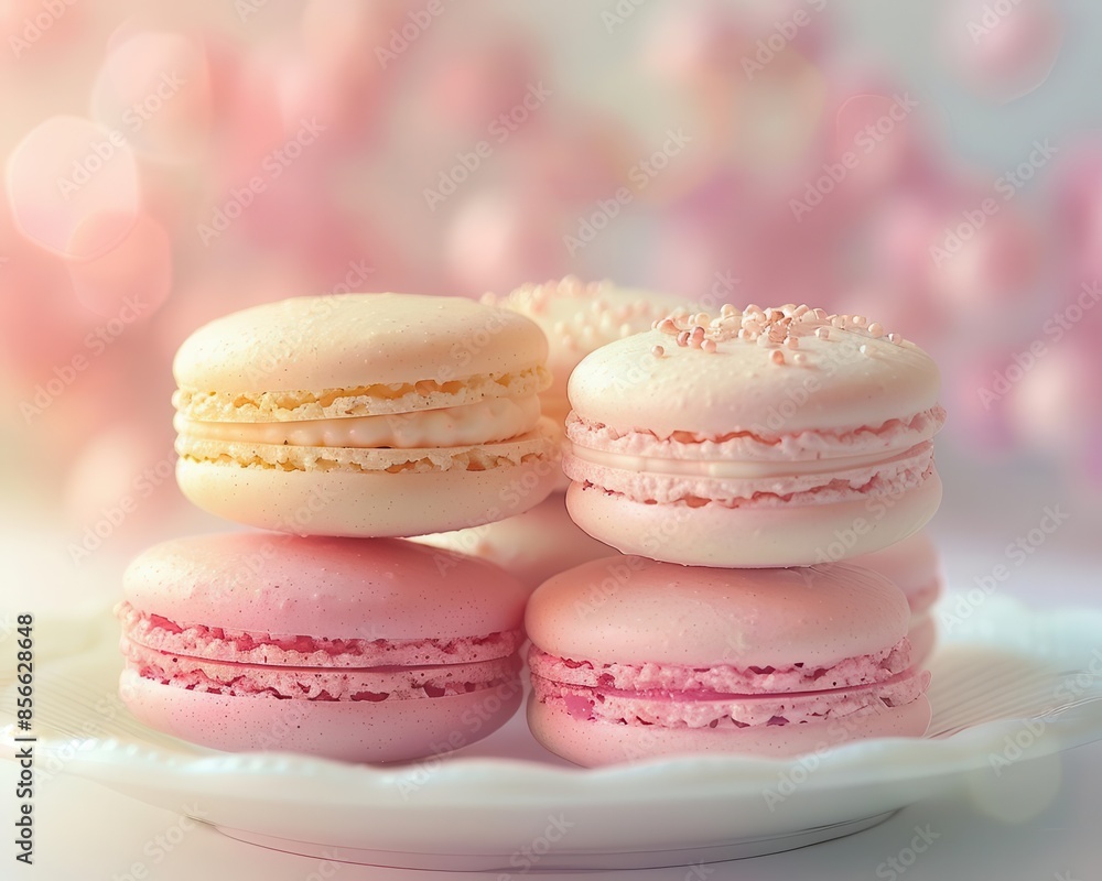 Delicate pastel macarons artfully displayed on a white plate against a softly blurred backdrop. Delicate pastel macarons artfully displayed on a white plate against a softly blurred backdrop.