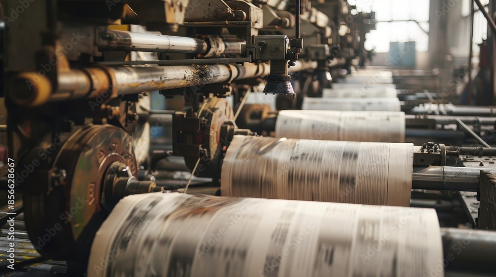 Close-up of newsprint rolls being produced on an industrial printing press Close-up of newsprint rolls being produced on an industrial printing press