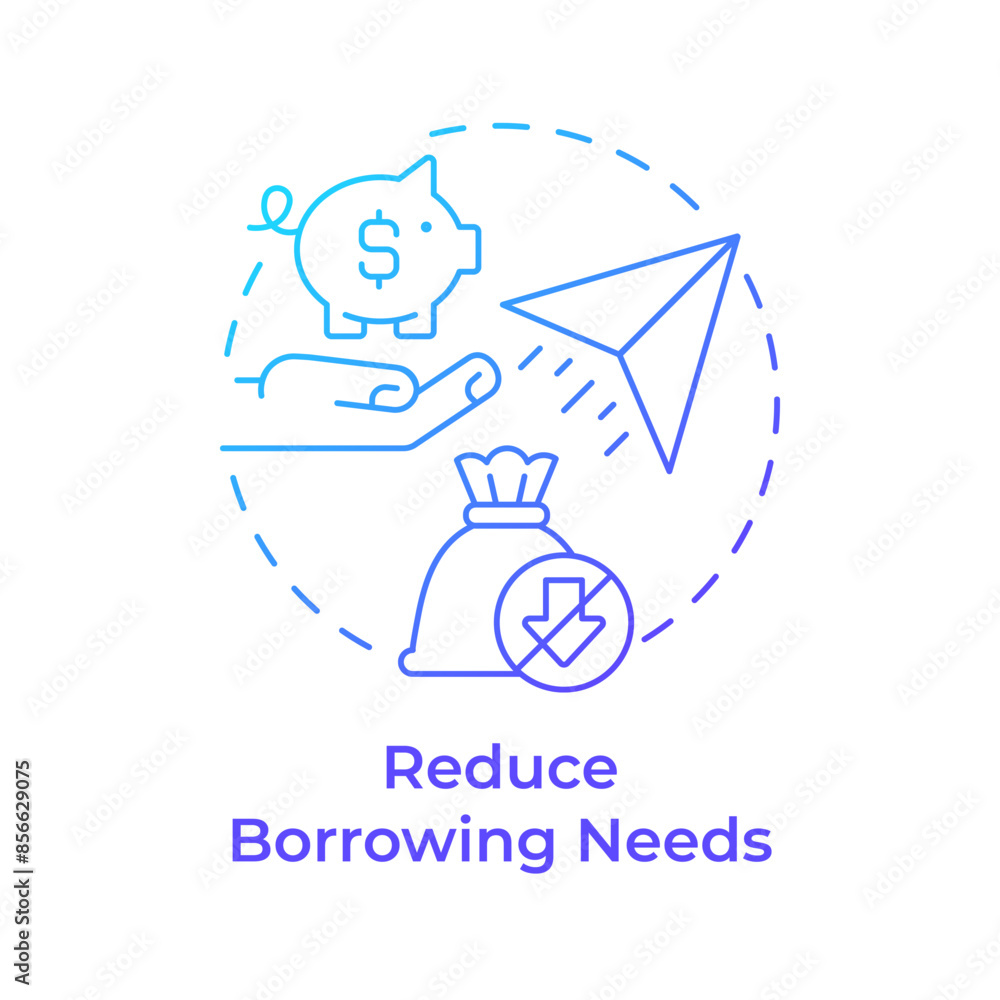 Reduce borrowing needs blue gradient concept icon. Credit accounting, debt. Paper plane, money bag. Round shape line illustration. Abstract idea. Graphic design. Easy to use in infographic Reduce borrowing needs blue gradient concept icon. Credit accounting, debt. Paper plane, money bag. Round shape line illustration. Abstract idea. Graphic design. Easy to use in infographic