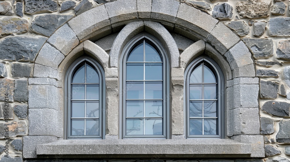 Obraz premium Elegant PVC arched window with three wings in granite facade