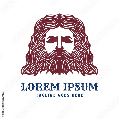 Vintage Greek Old Man Face God Zeus Triton Neptune Philosopher or Noah Jesus with Beard and Mustache Design