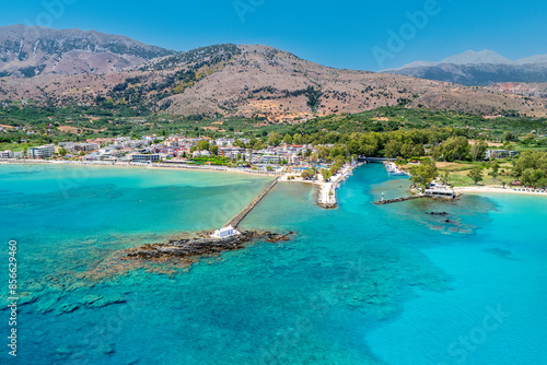 Aerial drone photo of famous chapel of Agios Nikolaos built at sea with a small path connecting to mainland, Georgioupoli, Chania, Crete island, Greece photo