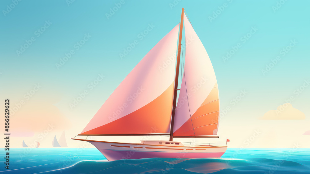 Serene image of a rainbow sailboat gliding across a tranquil blue ocean Serene image of a rainbow sailboat gliding across a tranquil blue ocean
