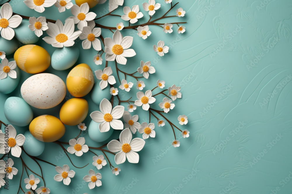 a group of eggs and flowers on a blue surface a group of eggs and flowers on a blue surface