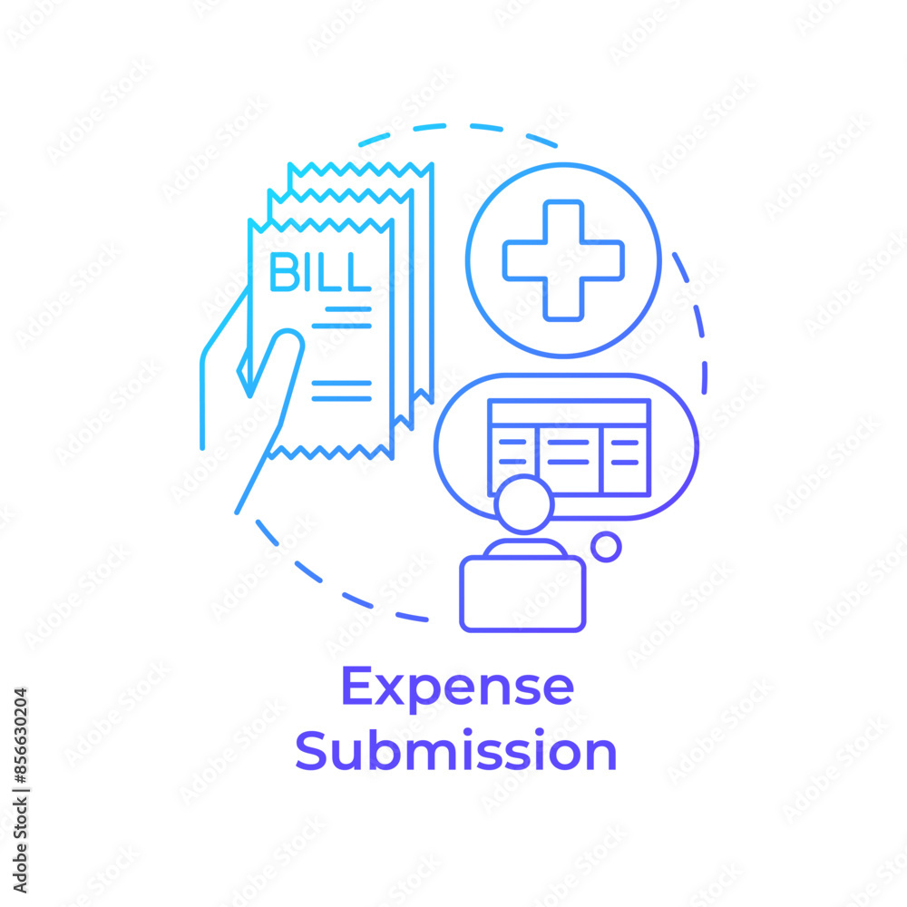 Expense submission blue gradient concept icon. Cost control, billing receipt. Transaction documentation. Round shape line illustration. Abstract idea. Graphic design. Easy to use in infographic Expense submission blue gradient concept icon. Cost control, billing receipt. Transaction documentation. Round shape line illustration. Abstract idea. Graphic design. Easy to use in infographic