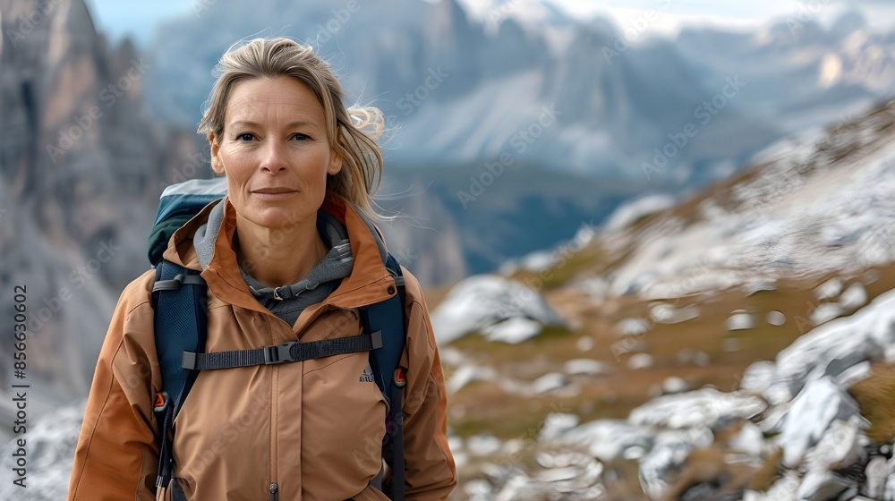 woman hiking in mountains woman hiking in mountains