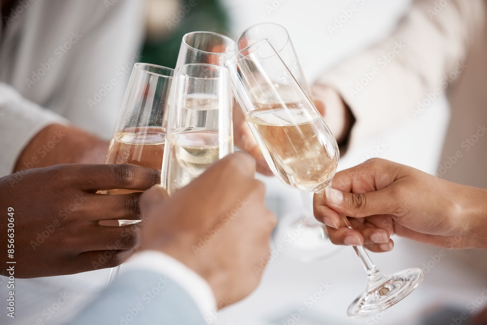 Hands, champagne and celebration with toast at office in, achievement and winner in circle for closeup. People, glasses and drinks at end of year party, goals or team building with success in scrum Hands, champagne and celebration with toast at office in, achievement and winner in circle for closeup. People, glasses and drinks at end of year party, goals or team building with success in scrum