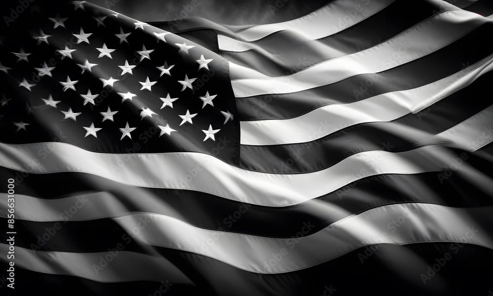 A black and white American flag waving on a black background. Flag of USA. american flag isolated on black background