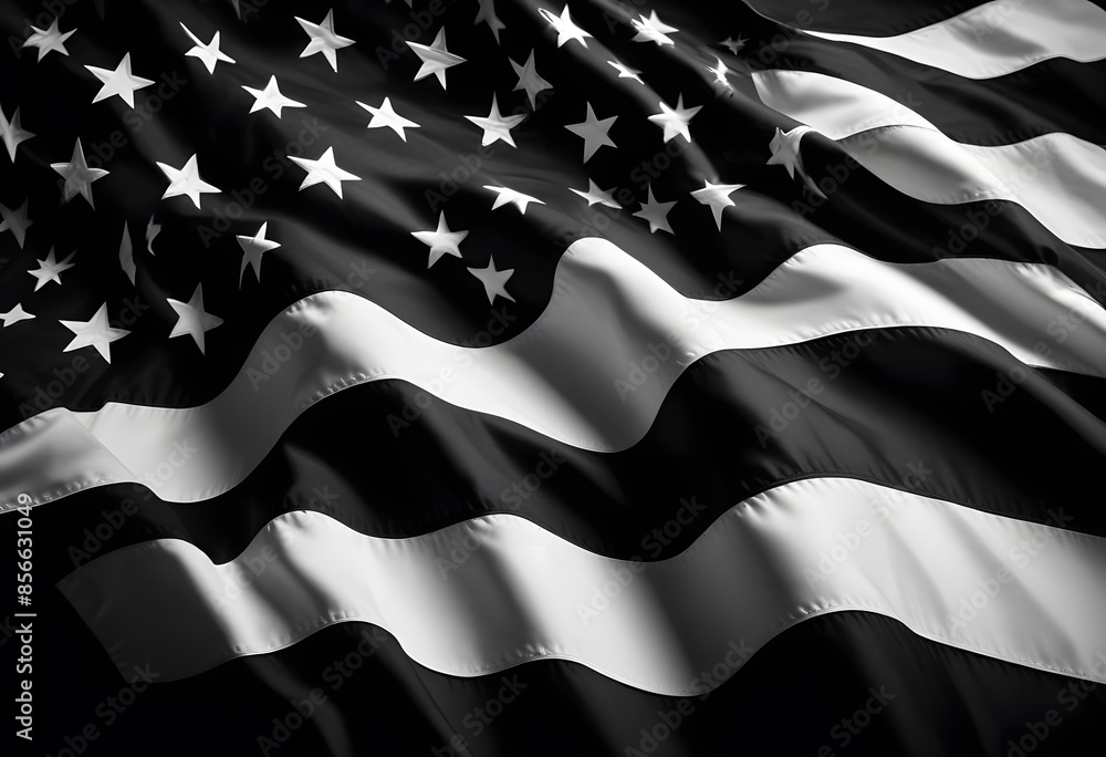A black and white American flag waving on a black background. Flag of USA. american flag isolated on black background