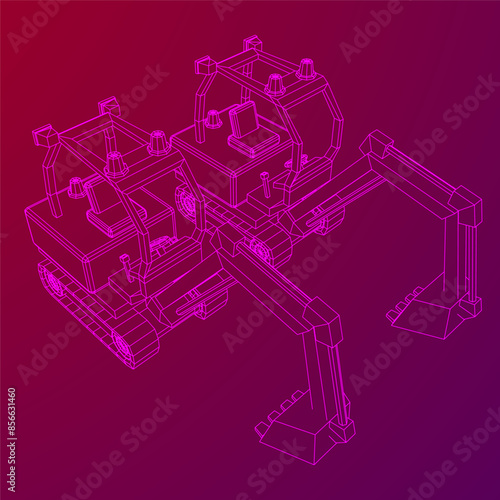 Heavy equipment excavator machine manufacturing power equipment for open pit mining. Wireframe low poly mesh vector illustration