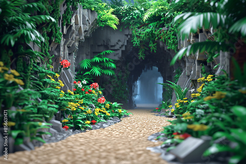 Fototapeta Naklejka Na Ścianę i Meble -  A scene of a jungle with caves, waterfalls, cliffs, streams, and nature simulation.