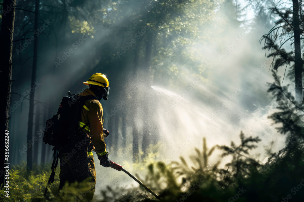 Adult man in a firefighter s uniform in a forest, spraying water on a fire, surrounded by dense vegetation. Adult man in a firefighter s uniform in a forest, spraying water on a fire, surrounded by dense vegetation.