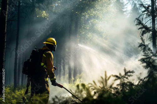 Adult man in a firefighter s uniform in a forest, spraying water on a fire, surrounded by dense vegetation.  photo