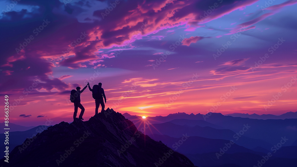 Two hikers high-five on top of the mountain at sun rise, in silhouette. Two hikers high-five on top of the mountain at sun rise, in silhouette.