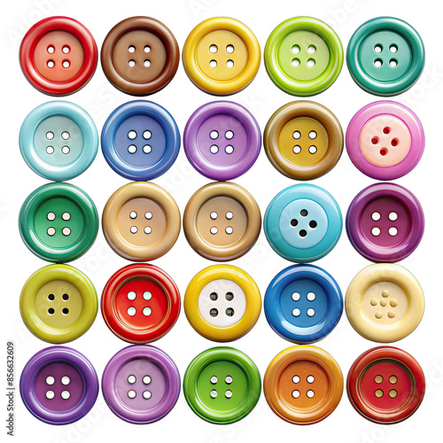 A collection of colorful buttons, each with four holes, arranged in a five by five grid against a white background. Generative AI