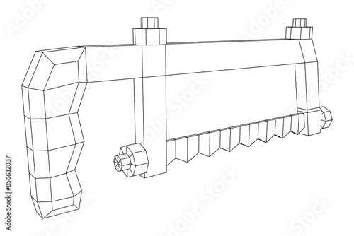 Hacksaw manual or Hand hacksaw. Wireframe low poly mesh vector illustration