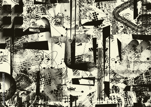 Glitch distorted grungy abstract forms . Cyber punk seamless pattern texture. Halftone dots .Futuristic background . Glitched shapes with dots and lines .Screen print endless pattern texture