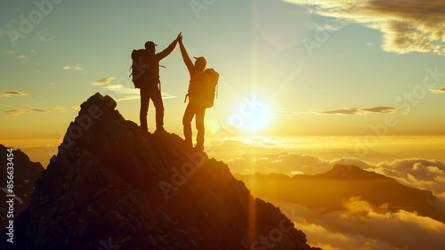 Obraz na płótnie Two hikers high-five on top of the mountain at sun rise, in silhouette. w salonie