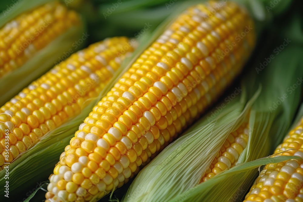 A close-up of a fresh ear of corn, with the husk peeled back to reveal the bright yellow kernels. A close-up of a fresh ear of corn, with the husk peeled back to reveal the bright yellow kernels.