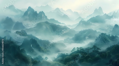 Wallpaper Mural Green hills trees landscape painting illustration poster background Torontodigital.ca