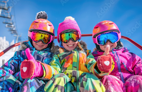 happy young girls in colorful ski , wearing helmets and goggles sitting on the chair at snow hill with blue sky background. © Kien