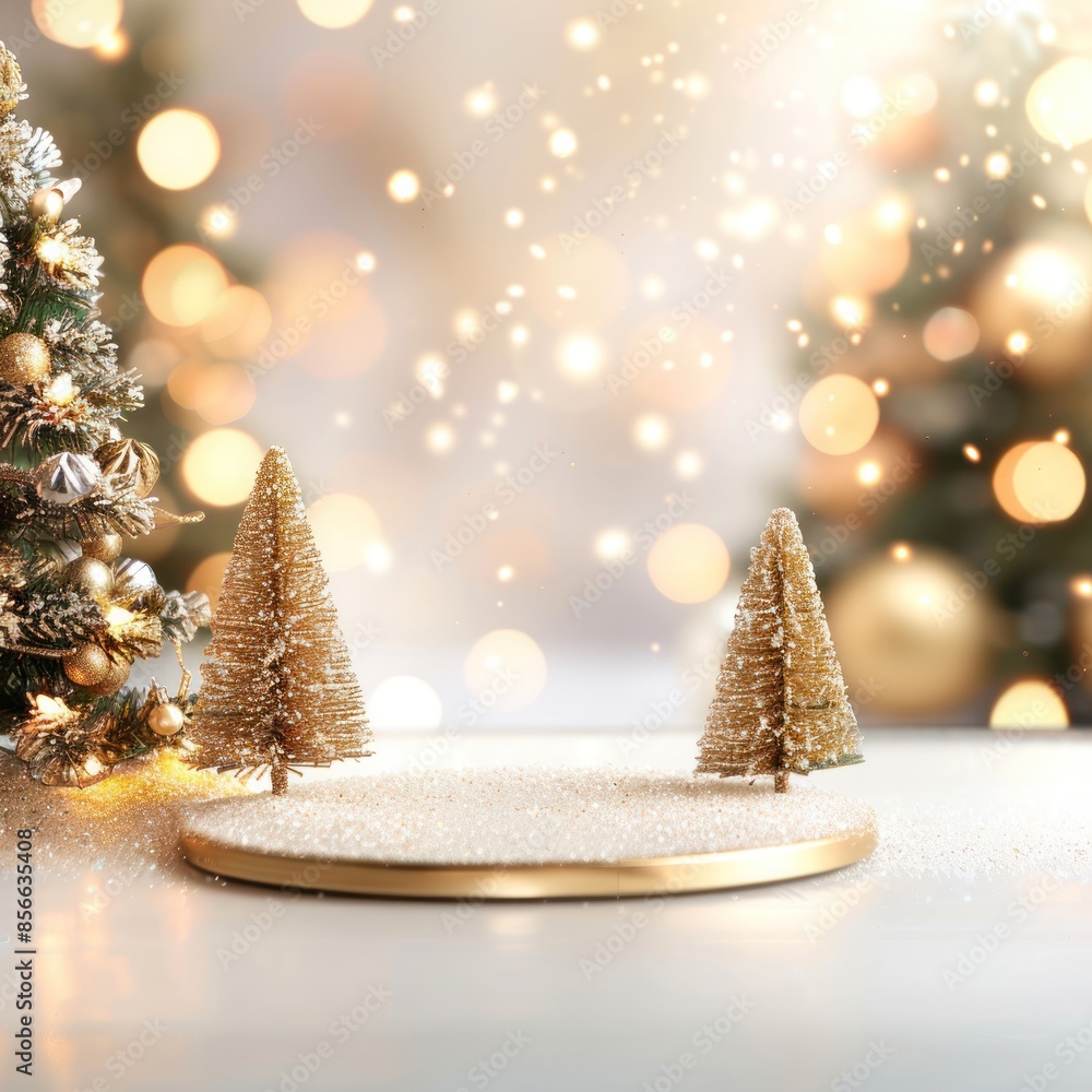 Christmas scene with empty gold podium and Xmas trees