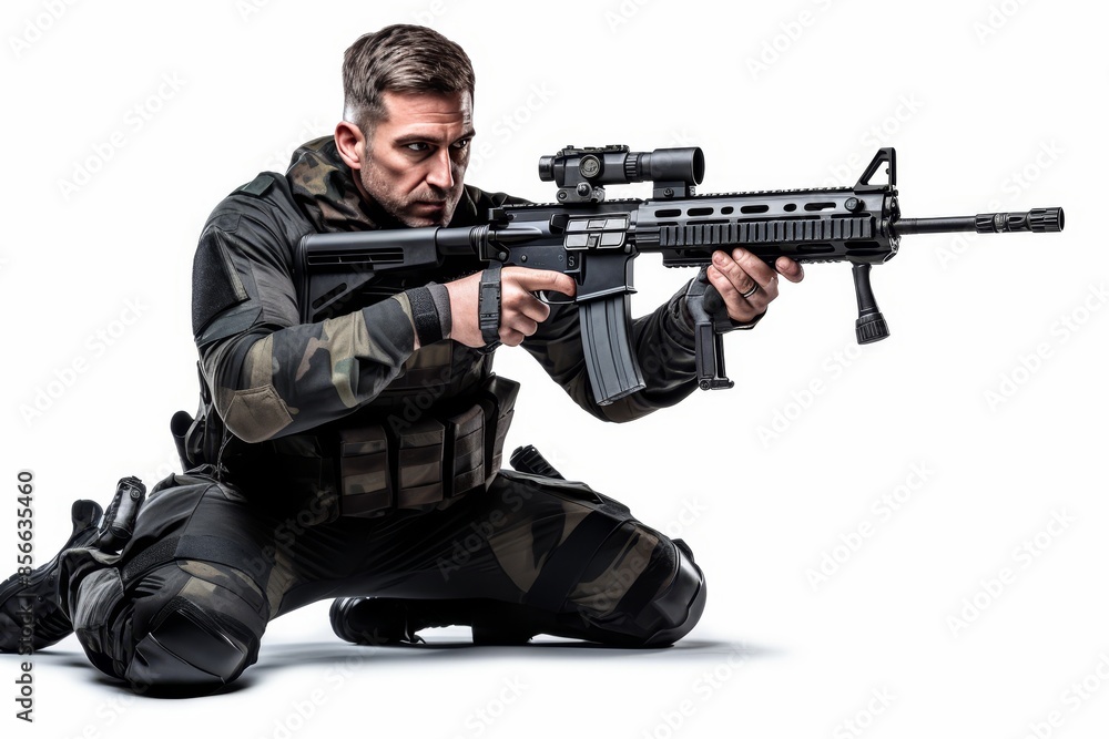 Military soldier lying down aiming machine gun on white background for precision shooting practice Military soldier lying down aiming machine gun on white background for precision shooting practice